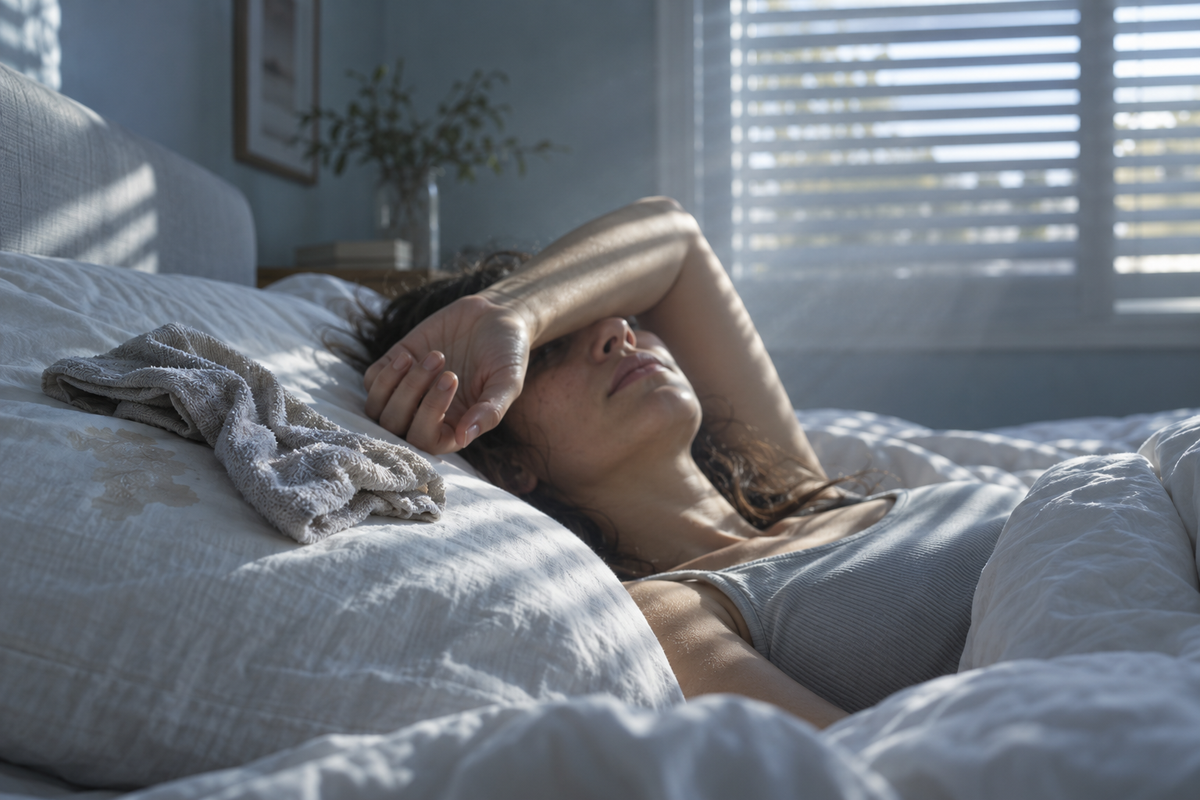 Femme allongée sur son lit en plein après-midi, un linge froid glissé sur l'oreiller et la lumière du store en travers de la pièce