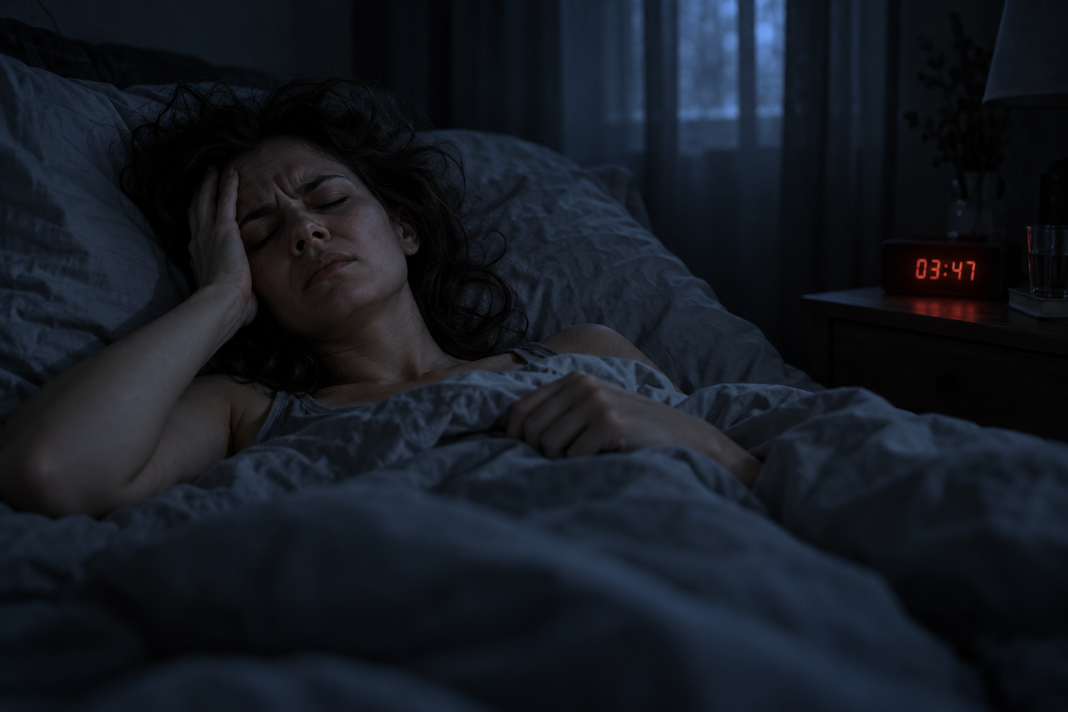 Femme éveillée à quatre heures du matin, la main sur la tempe, sans le masque